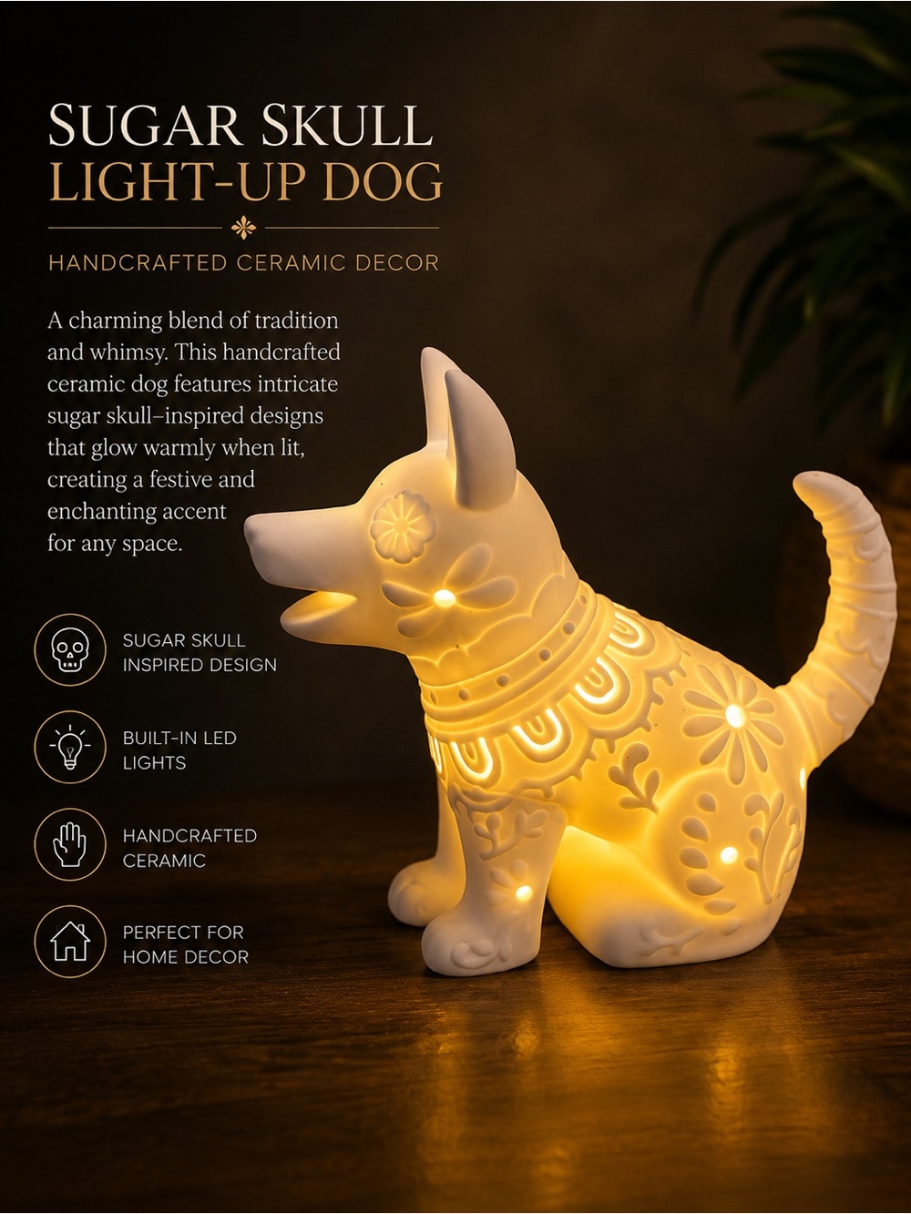 🌸 White Ceramic Decorative Dog Figurine with Light